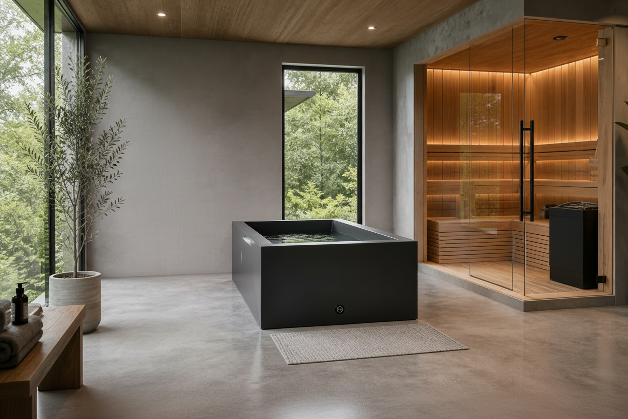 Modern interior with a black plunge tub, and sauna.