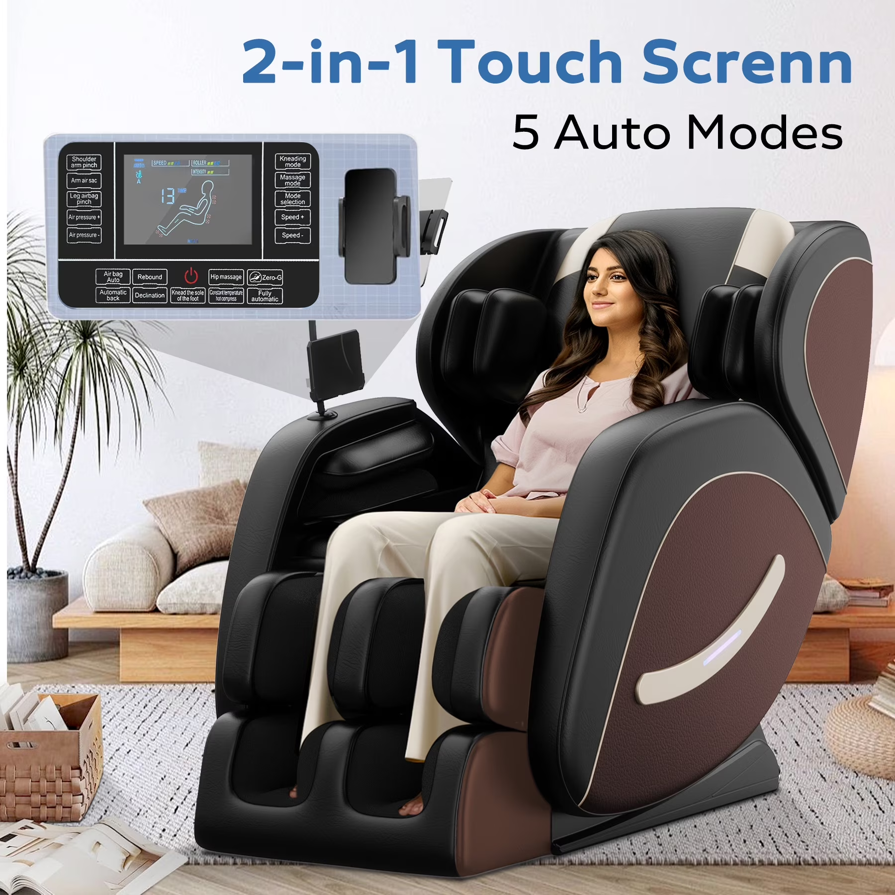 Full Body Massage Chair Recliner with Zero Gravity,  Leather Massage Chair with Air Pressure, 8 Massage Fix Rollers, Heating, Airbag, Bluetooth, Retractable Footrest for Relaxion, Brown+Black